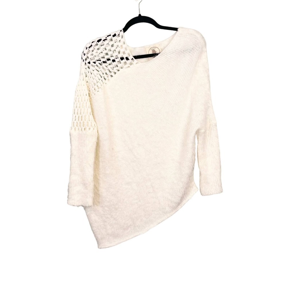 Muche Muchette White Asymmetric Crochet Cold Shoulder Fluffy Sweater One Size